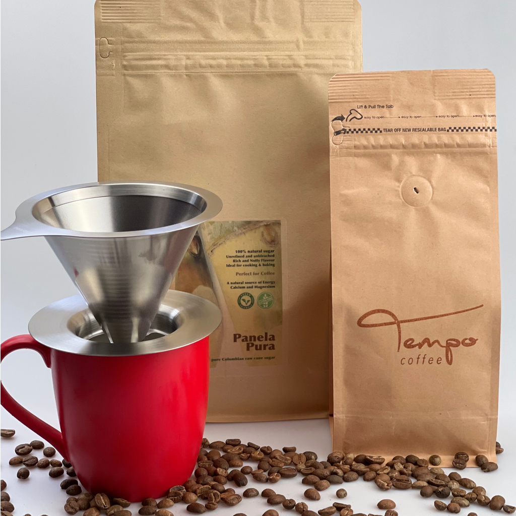 Hario Metal Dripper, Pure Colombian Coffee + “Panela Pura” pure Cane Sugar Gift set - Tempo Coffee